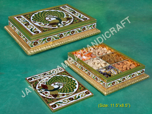 Handicraft Dry Fruit Box - Wood & Aluminum, Green, Variable Sizes | Elegant Design, Customizable, Handcrafted Finish