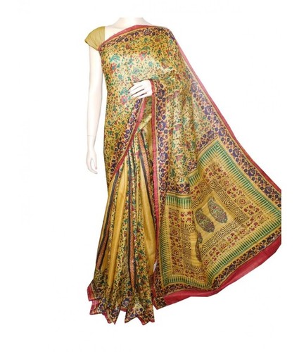 Ghicha Printed Silk Saree - 100% Pure Silk Un-Stitched Blouse Size X-Large 6.40 Mtrs Length Inviting Yellow Color | Ideal for Wedding Party and Festival Wear