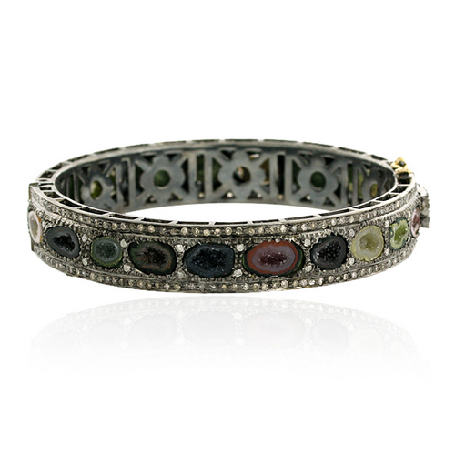 Pave Diamond Geode Gemstone Bangle - 14k Gold, 68x57x13 mm, 2.63cts Diamonds, 22.35cts Multi-Gemstones, Elegant Design
