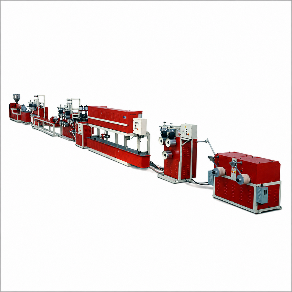 HDPE Box Strapping Plant - Mild Steel & SS Parts 4800x1100x1850 mm Blue & White | PLC Controlled 30-120 kg/hr Automatic Dual Rewinder