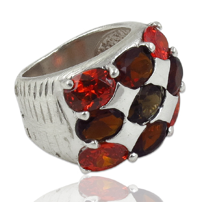 Natural Garnet, Cubic Zirconia & Smoke Quartz Gemstone Ring Jewellery