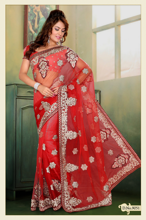 Shaded Red Net Saree with Blouse