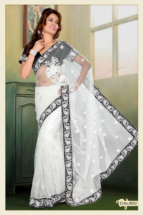 Off White Net Saree with Blouse