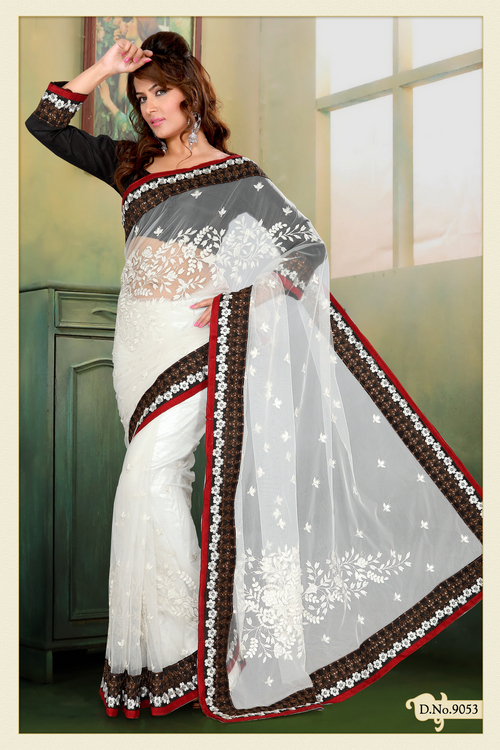 Off White Net Saree with Blouse
