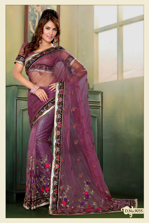  Burgundy Net Saree with Blouse