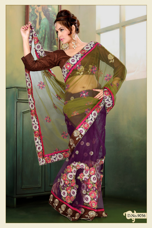 Olive Green and Purple Net Saree with Blouse