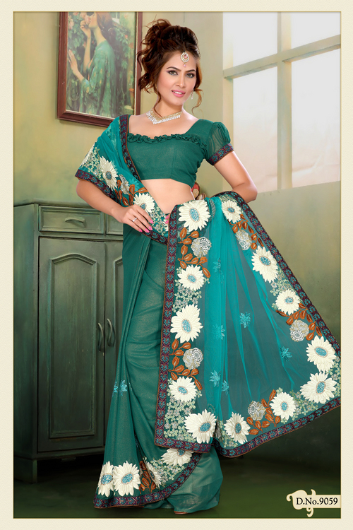 Teal Green Net, Shimmer Faux Georgette Saree with Blouse
