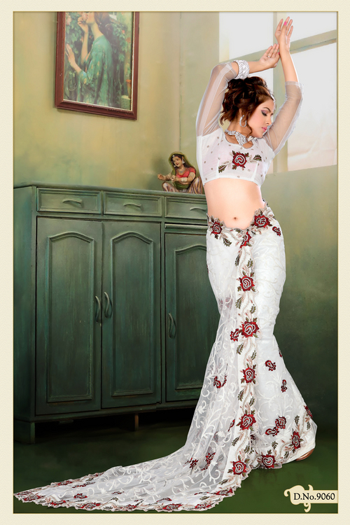 Off White Net Saree with Blouse