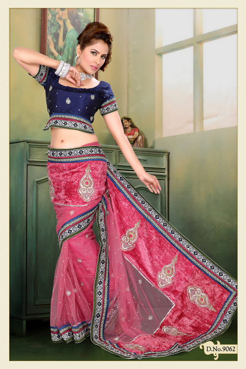 Dusty Pink Net, Velvet Saree with Blouse