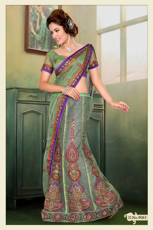 Pastel Green Shimmer Net Lehenga Style Saree with Blouse