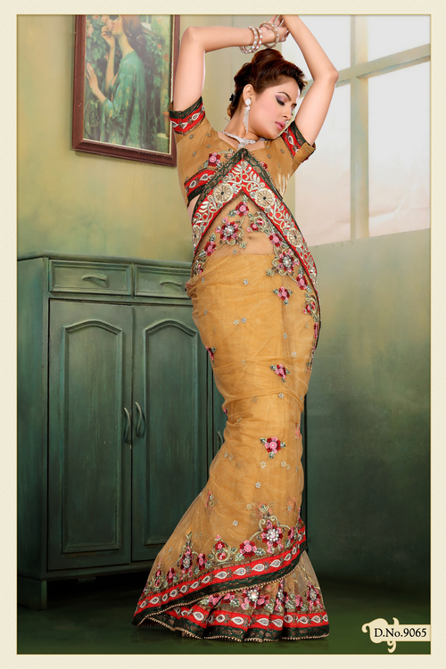  Light Orange Net Saree with Blouse