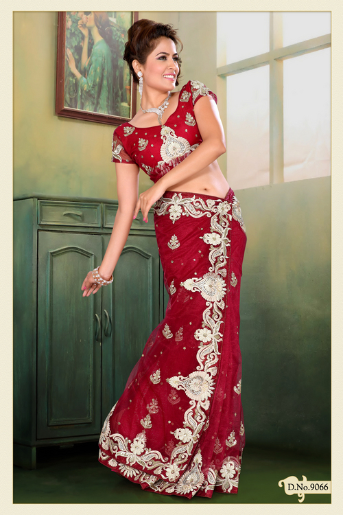 Deep Red Net Saree with Blouse