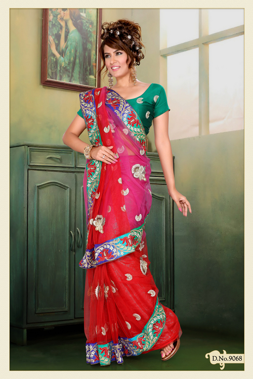  Red and Pink Net Saree with Blouse