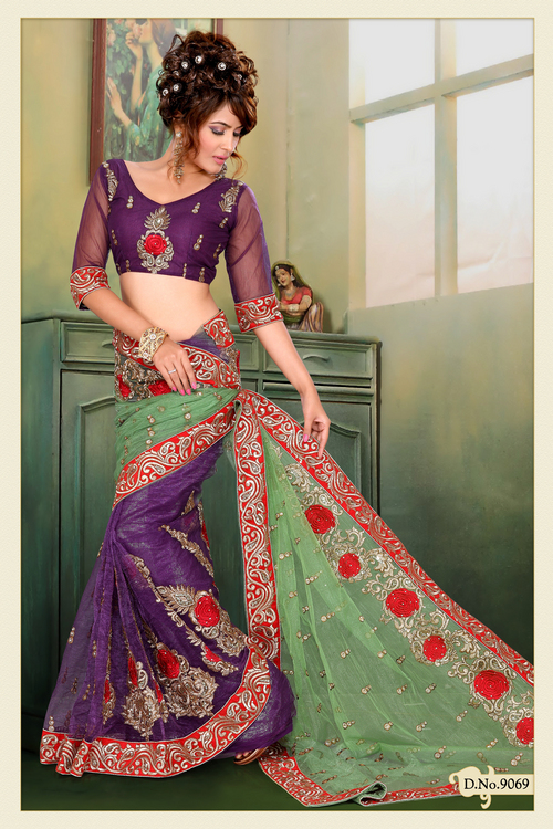Pastel Green and Purple Crush Net Saree with Blouse