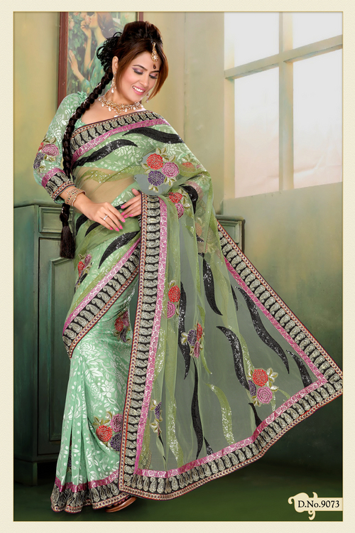 Pastel Green Net, Brasso Saree with Blouse