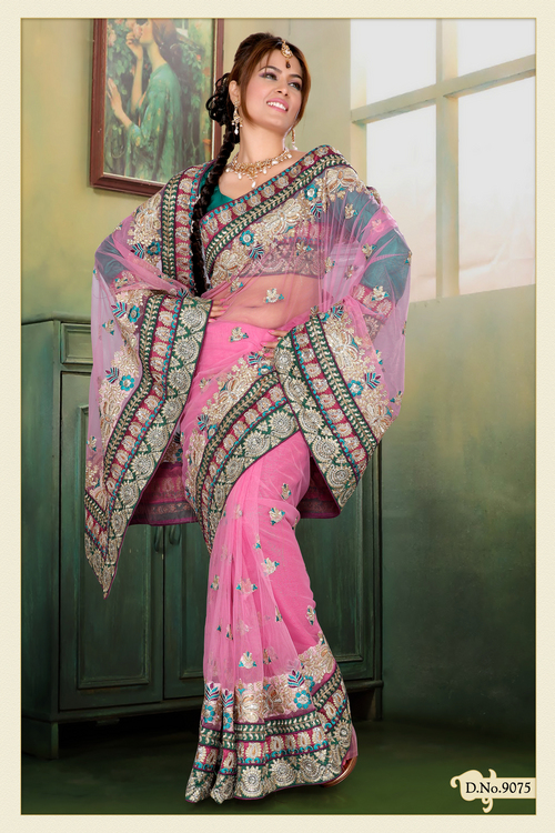 Pink Net Saree with Blouse