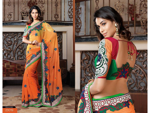 Yellow and Orange Two Tone Bemberg Faux Georgette Saree