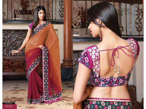  Light Orange and Pink Bemberg Faux Georgette Saree