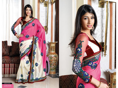  Pink and Cream China Silk Saree with Blouse