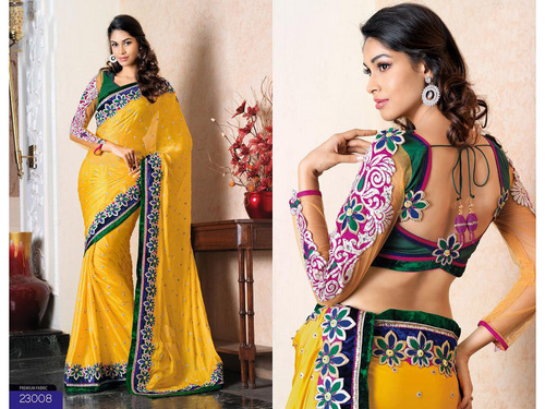 Yellow Faux Chiffon Saree with Blouse