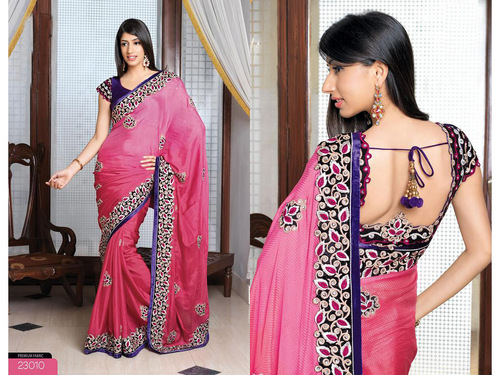 Deep Pink Bemberg Faux Georgette Saree with Blouse