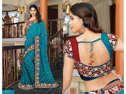  Teal Blue Bemberg Faux Georgette Saree with Blouse