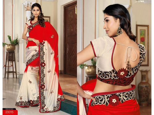 Red and Cream China Silk Saree with Blouse