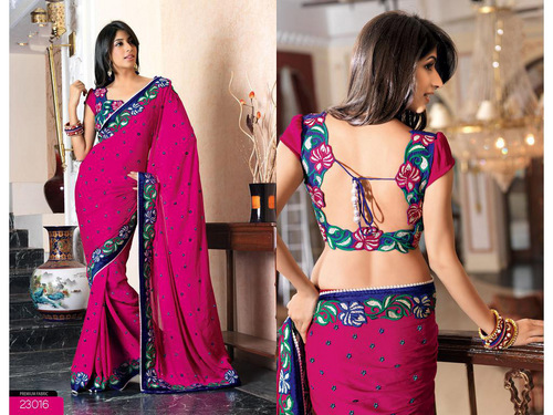 Deep Fuschia Pink Faux Chiffon Saree with Blouse