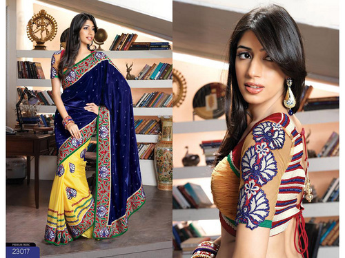 Deep Blue and Yellow Velvet and Faux Crepe Saree
