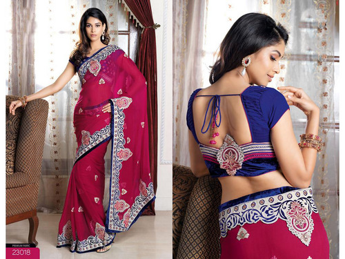 Deep Pink Bemberg Faux Georgette Saree with Blouse
