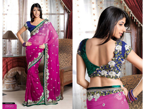 Fuschia Pink Bemberg Faux Georgette Saree