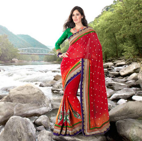 Red and Orange Faux Chiffon Saree With Blouse
