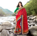 Red and Orange Faux Chiffon Saree With Blouse
