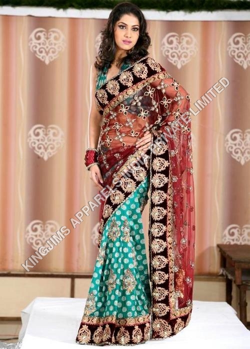 Indian Sarees - Silk & Net, 5.5 Meters, Maroon | Hand-Embroidered Zardozi, Elegant Design, Intricate Details, Vibrant Colors