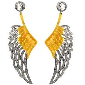 Angle Wings Pave Diamond Gold Silver Dangle Earrings - 14k Gold, 61x27 mm, Yellow | Diamond Pave, Elegant Dangle, Wedding Jewelry