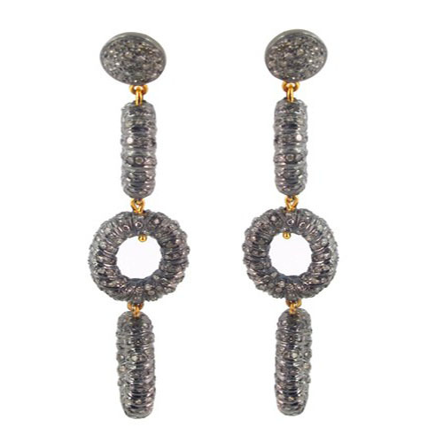 14k Gold Pave Diamond Silver Dangle Earrings - 73x16.5 mm, 7.38 CTS Diamonds, Comfortable Fit, Elegant Design
