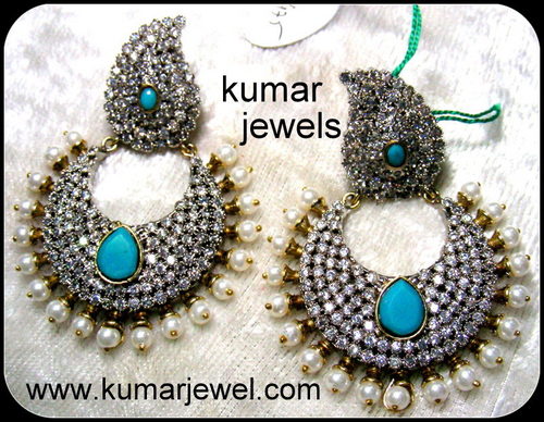 Sparkling Earring - Gold Plated, 2-3 Inches, Silver | Antique Style, CZ Stones, Pearl Accents, Firoza Detail