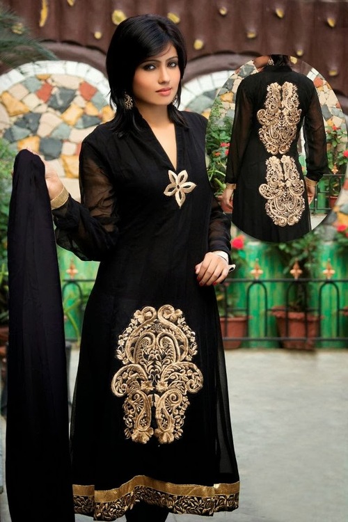 Designer Salwar Kameez - Faux Georgette Fabric, Sizes 34-44, Black | Embroidered Patch Work, Full Sleeves, Party Wear