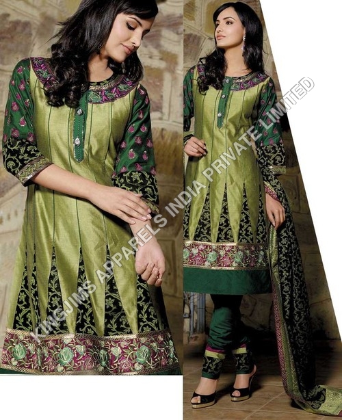 Indian Manufactures & Exporters of Designer Salwar Suit - Silk Blend, Green, Anarkali | Hand/Machine Embroidery, Designer Styles, Elegant Designs, Customizable, Comfortable Fit, Perfect Stitching, Various Sizes, Dry Clean