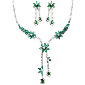 Designer White Gold Emerald Gemstone Necklace Set