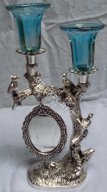 Silver Twin White Metal Candel Stand With Mirror