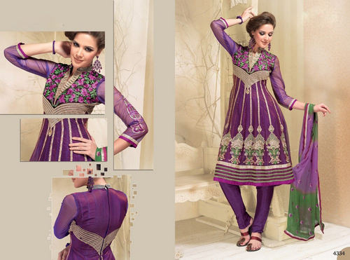 UNSTITCHED Designer Suits - Net Top/Pure Chiffon, Purple | Embroidery, Anarkali Style, 3 Pieces, Customizable Size