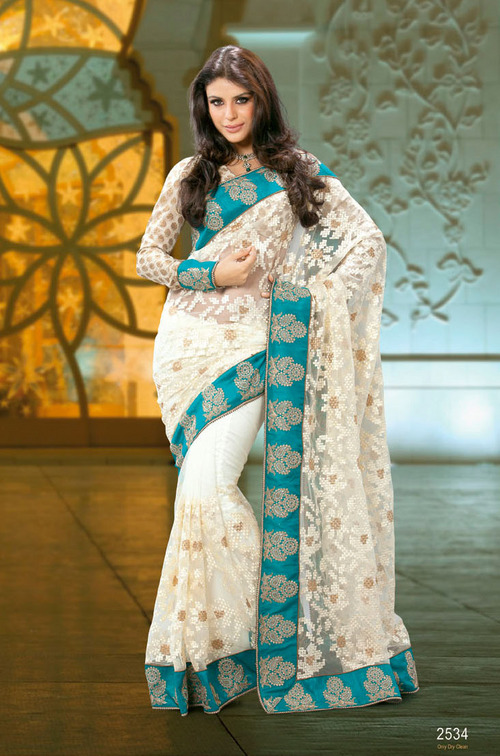 Party Wear - Net Fabric, Off-White Color, Teal Border | Floral Embroidery, Elegant Design, Comfortable Fit