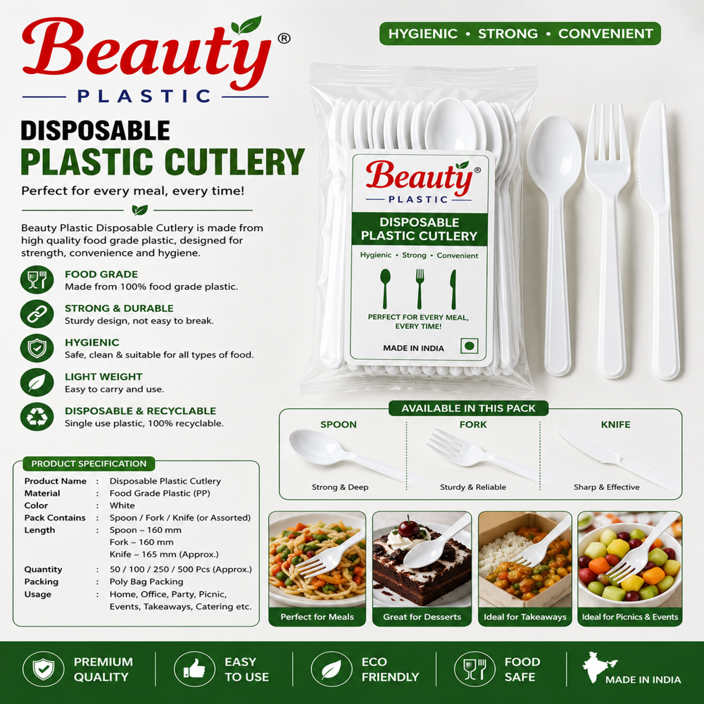 Disposable Plastic Cutlery - Premium Quality Plastic Set, Classic Design in Various Colors, Enhanced Durability and Easy Disposal