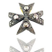 Rose Cut Diamond Cross Charm Pendant Jewelry - 925 Sterling Silver, 31mm, 1.21 Cts Diamond Pave, Elegant Star Design