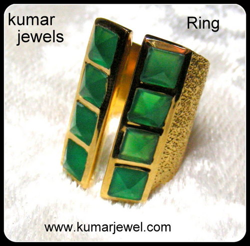 Ethnic Finger Ring - Gold Plated Silver Alloy, Adjustable, Emerald Square Stones