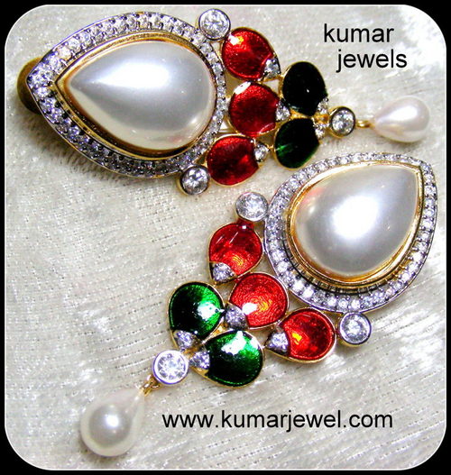 Cute Flower Earring - Pearl, 20x15 mm, White with Orange-Red and Green Enamel, Drop Style