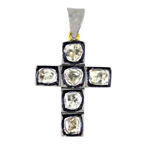 14k Gold Rose Cut Diamond Cross Pendant Jewelry