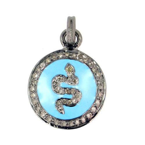92.5 Silver Blue Enamel Snake Design Diamond Pendant - 18mm, 0.35 CTS Diamond, Sterling Silver, Elegant Snake Motif