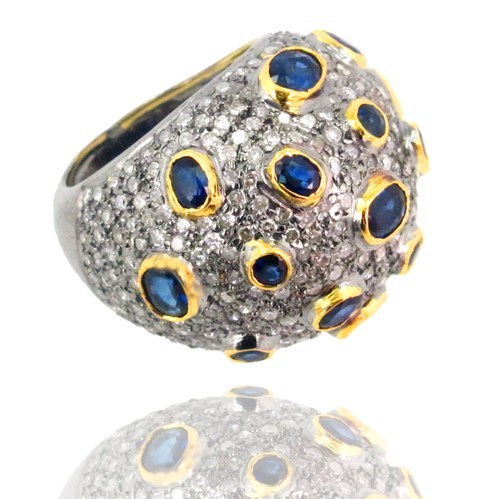 Pave Diamond Blue Sapphire Ring